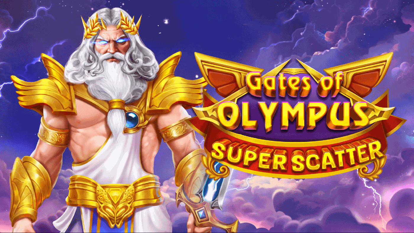 Zeus mit weißem Haar und goldener Krone vor violett-goldenem Himmel über dem golden gerahmten Walzenfeld von Gates of Olympus Super Scatter mit Purpur-Kristall und Super-Scatter-Symbol